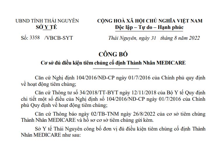 Công bố Cơ sở đủ điều kiện tiêm chủng cố định Thành Nhân MEDICARE