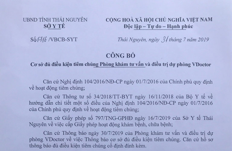 Công bố cơ sở đủ điều kiện tiêm chủng Phòng khám tư vấn và điều trị dự phòng Vdoctor