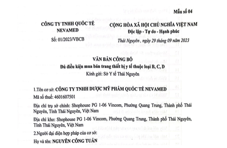 Công bố đủ điều kiện mua bán trang thiết bị y tế