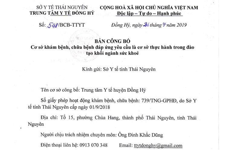 Đáp ứng yêu cầu là cơ sở thực hành trong đào tạo khối ngành sức khỏe của Trung tâm y tế huyện Đồng Hỷ