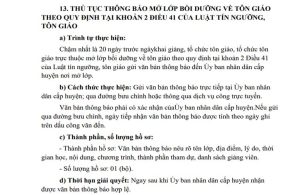 Thông báo mở lớp bồi dưỡng về tôn giáo theo quy định tại khoản 2 Điều 41 Luật tín ngưỡng, tôn giáo