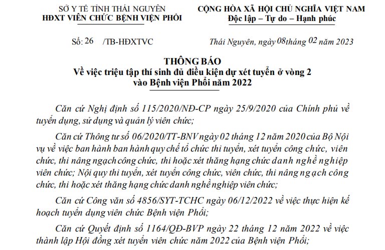 THÔNG BÁO Về việc triệu tập thí sinh đủ điều kiện dự xét tuyển ở vòng 2 vào Bệnh viện Phổi năm 2022